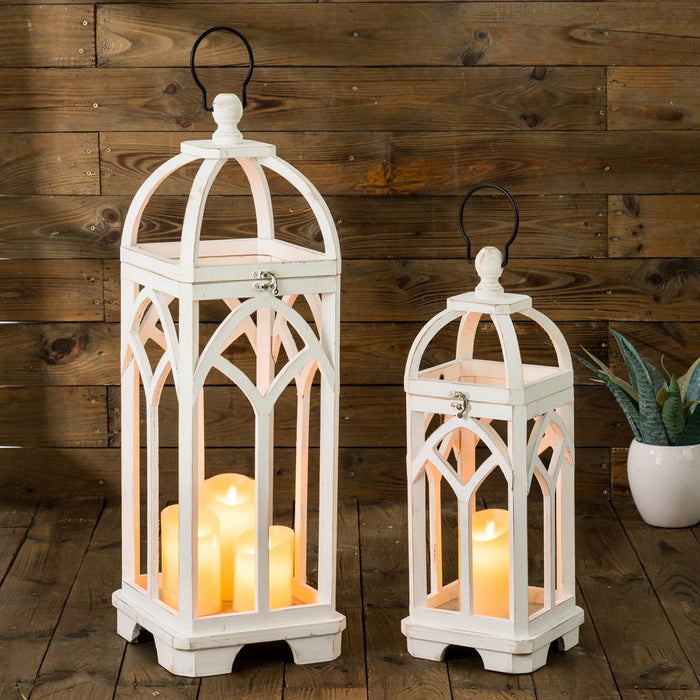 Wash White Farmhouse Modern Wooden Lanterns, Set of 2