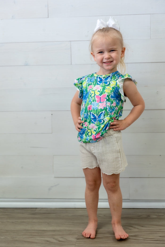 Watercolor Butterflies Ruffle Sleeve Tee
