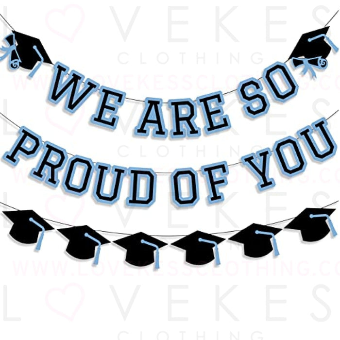 We Are So Proud Of You Banner Graduation Party Decorations Congrats Grad Cap Garlands Wall Sign Light Blue