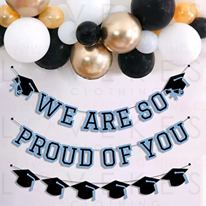 We Are So Proud Of You Banner Graduation Party Decorations Congrats Grad Cap Garlands Wall Sign Light Blue