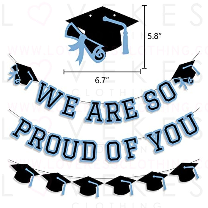 We Are So Proud Of You Banner Graduation Party Decorations Congrats Grad Cap Garlands Wall Sign Light Blue