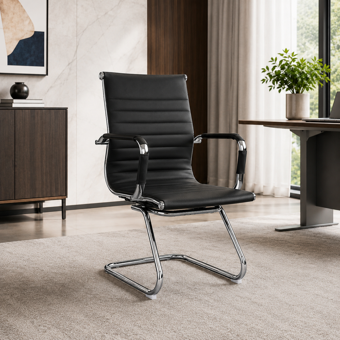 Wooden Twist black PU leather visitor chair in a modern boardroom - lifestyle view