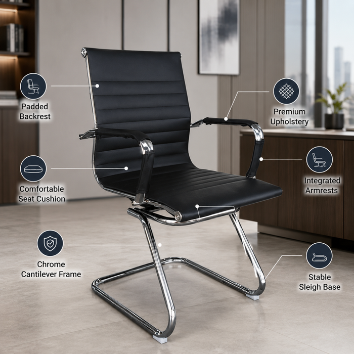 Wooden Twist visitor chair feature callouts - padded backrest, PU upholstery, cantilever frame, sleigh base