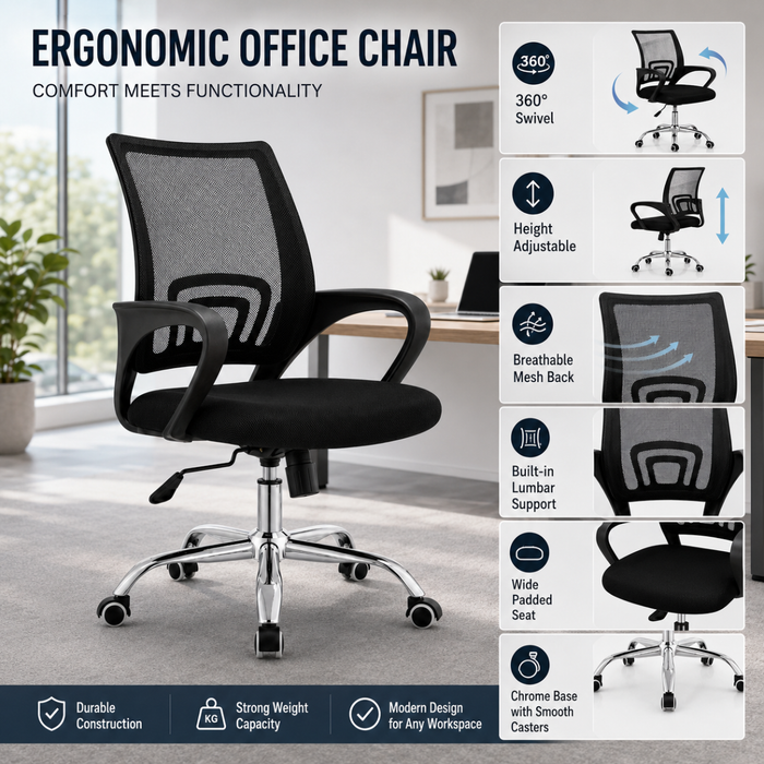 Wooden Twist Ergonomic Black Mesh Office Chair with Chrome Base & Tilt Function