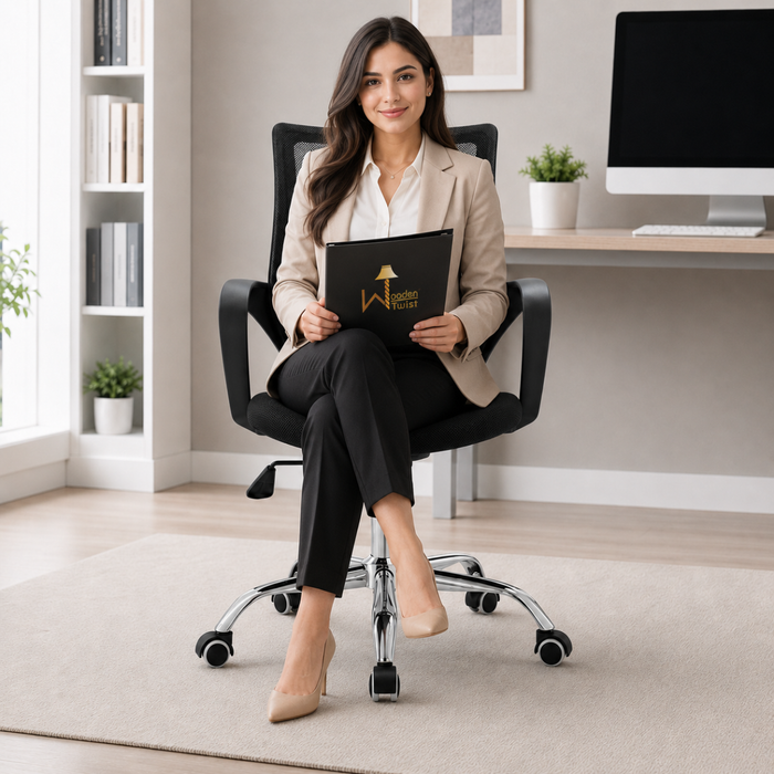 Wooden Twist Ergonomic Black Mesh Office Chair with Chrome Base & Tilt Function