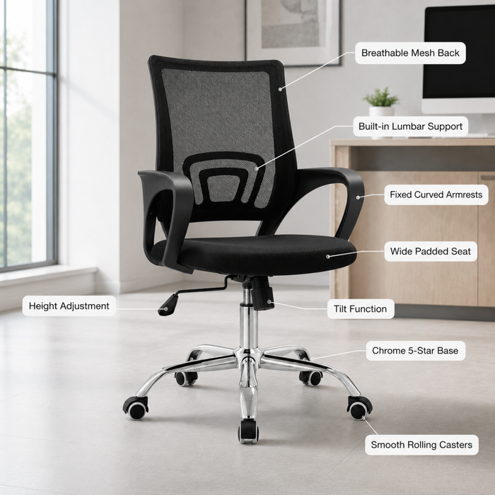 Wooden Twist Ergonomic Black Mesh Office Chair with Chrome Base & Tilt Function