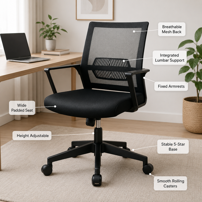 Wooden Twist ergonomic black mesh office chair features - breathable mesh back, lumbar support, fixed armrests, wide padded seat, height adjustable, 5-star base, smooth casters