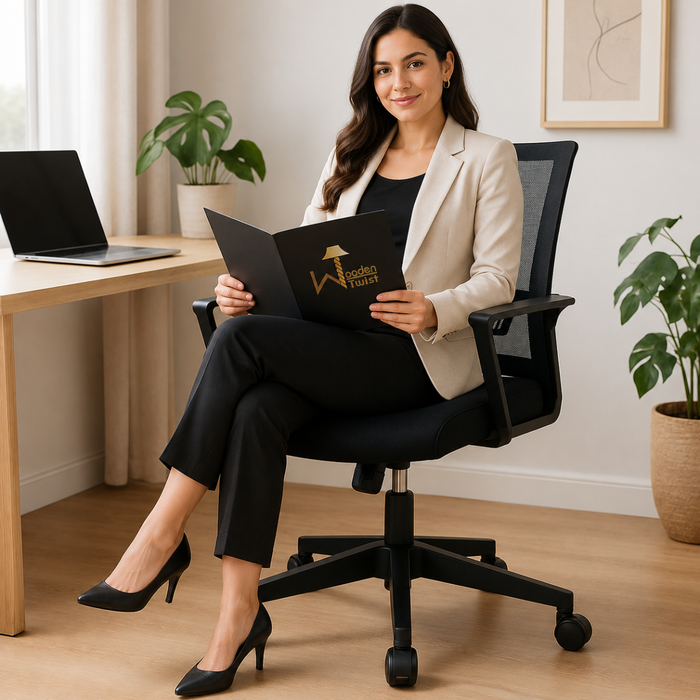 Woman seated in Wooden Twist ergonomic black mesh office chair holding a Wooden Twist folder