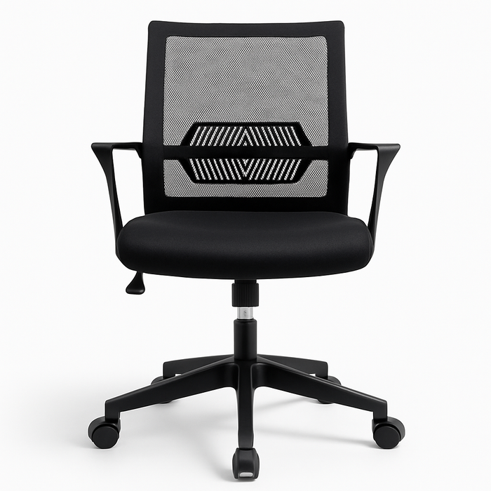 Wooden Twist ergonomic black mesh office chair on white background