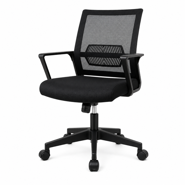 Wooden Twist ergonomic black mesh office chair on white background - angled view showing lumbar support panel