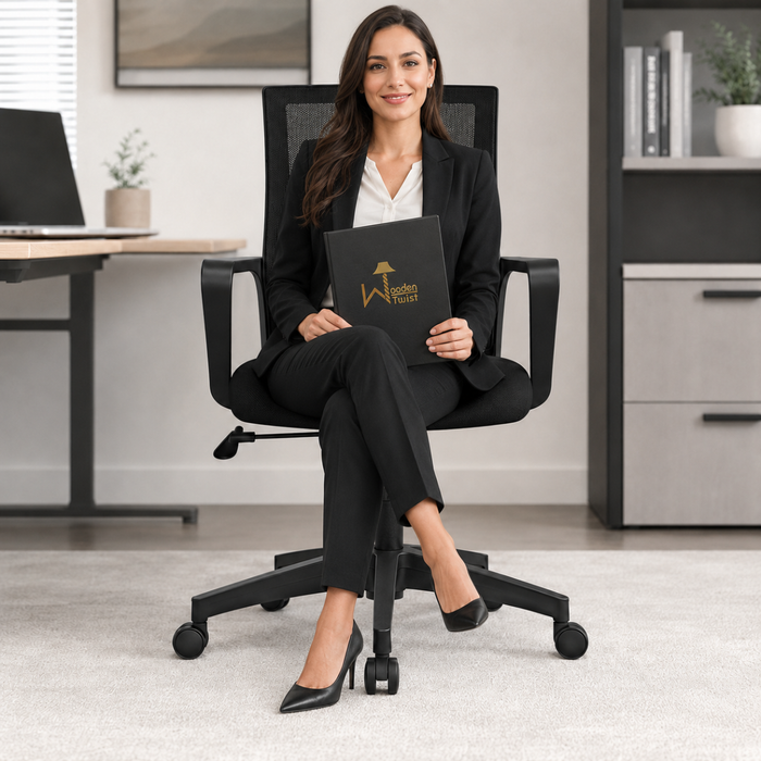 Woman seated on Wooden Twist ergonomic black mesh office chair with lumbar support