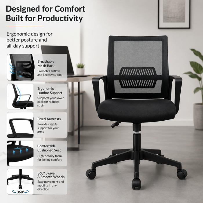 Wooden Twist black mesh office chair features - breathable mesh back, lumbar support, fixed armrests, cushioned seat, 360 swivel wheels