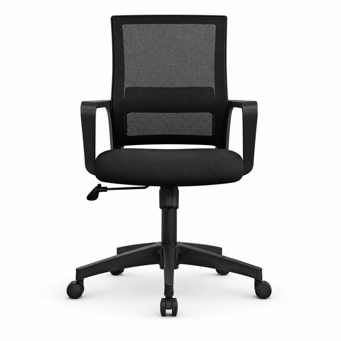 Wooden Twist ergonomic black mesh office chair on white background - front view