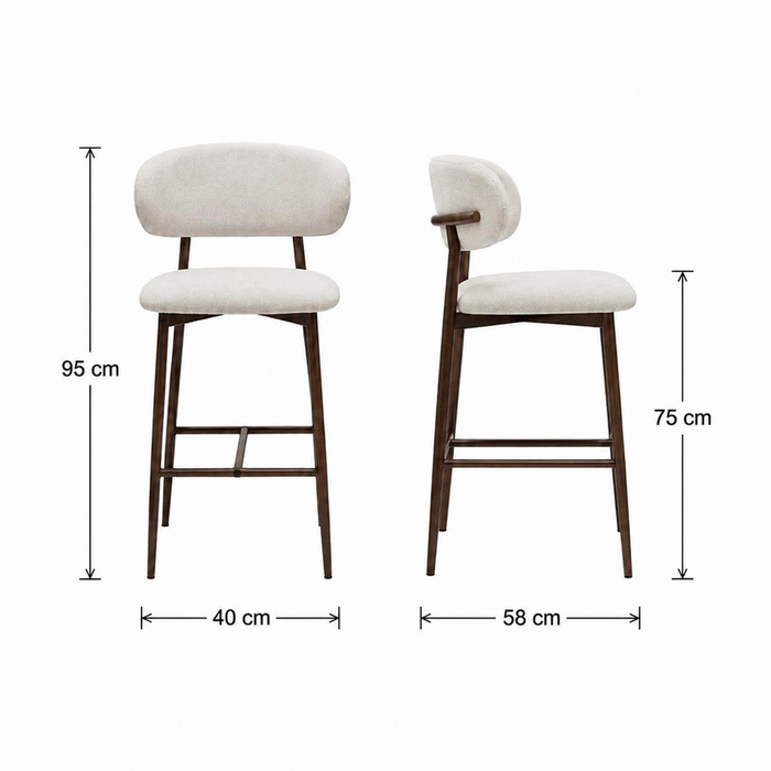 Two bar stools with dimensions labeled on a white background