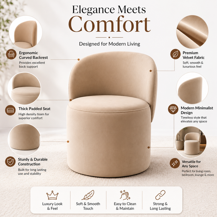 Wooden Twist Luxe Round Velvet Accent Chair with Ergonomic Curved Backrest – Living Room, Bedroom & Lounge