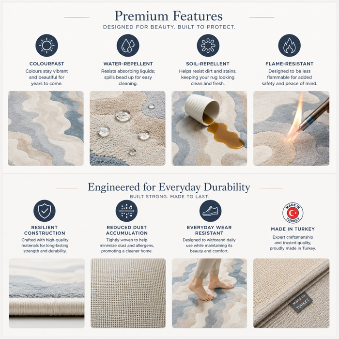 Wooden Twist Turkish area rug premium features - resilient construction, dust reduction, wear resistant, made in Turkey
