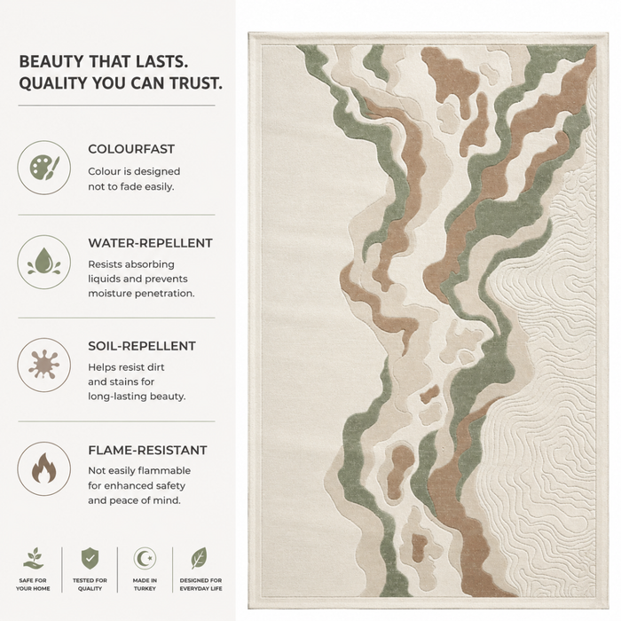 Wooden Twist Turkish area rug features - colourfast, water-repellent, soil-repellent, flame-resistant
