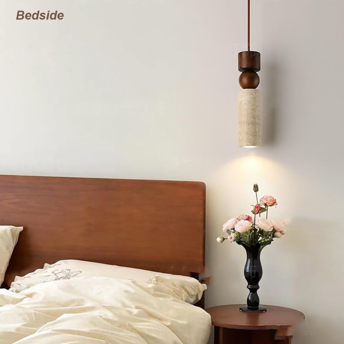 Woodora Travertine & Walnut Wood Pendant Light - lifestyle bedside above a nightstand with flowers