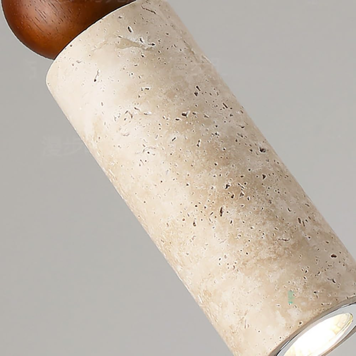 Woodora Travertine & Walnut Wood Pendant Light - close-up of travertine cylinder and wood ball joint