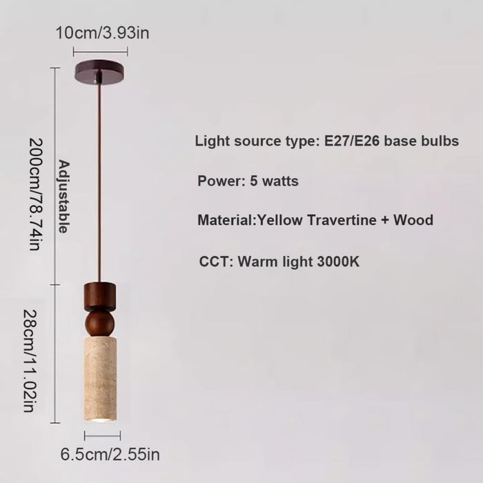 Woodora Travertine & Walnut Wood Pendant Light dimensions - D6.5cm/2.55in x H28cm/11.02in, cord 200cm/78.74in adjustable, wall box D10cm/3.93in