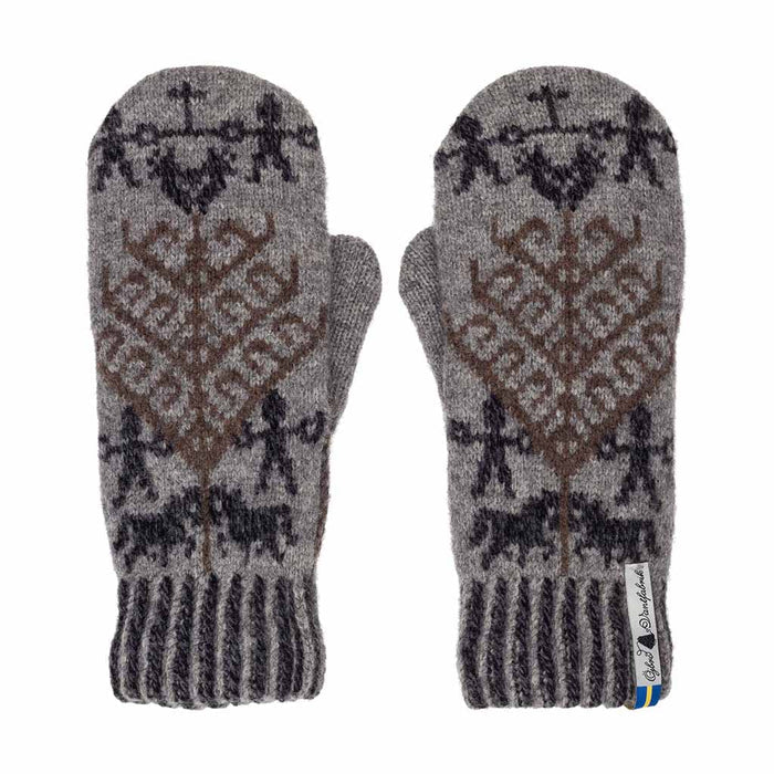 Pair of gray mittens with a pattern on a white background