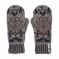 Pair of gray mittens with a pattern on a white background