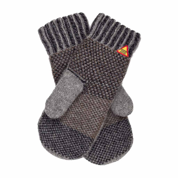 Pair of gray knit gloves with a visible brand logo on a white background