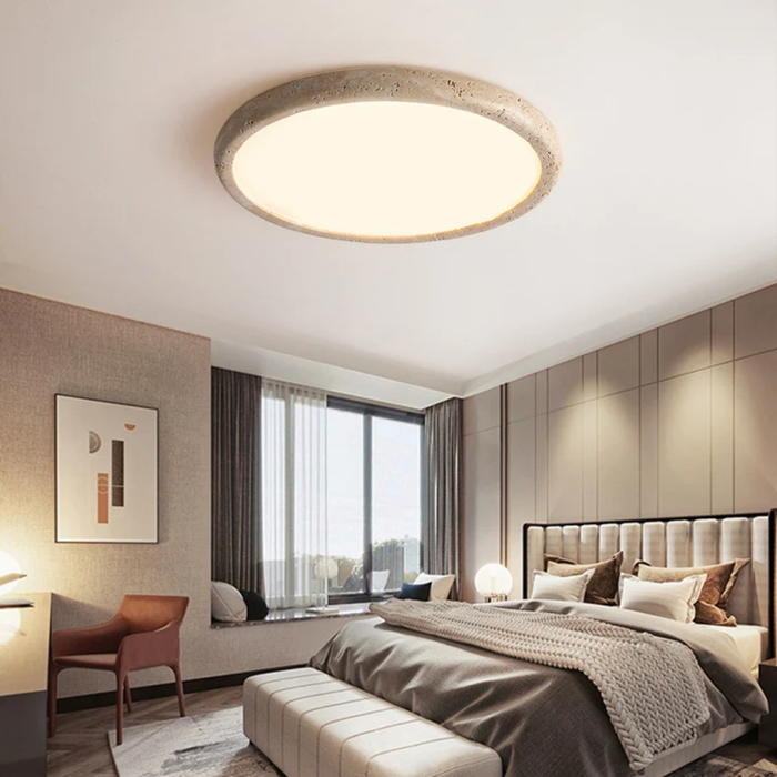 Zenora Travertine LED Ceiling Light installed on a bedroom ceiling, warm ambient glow
