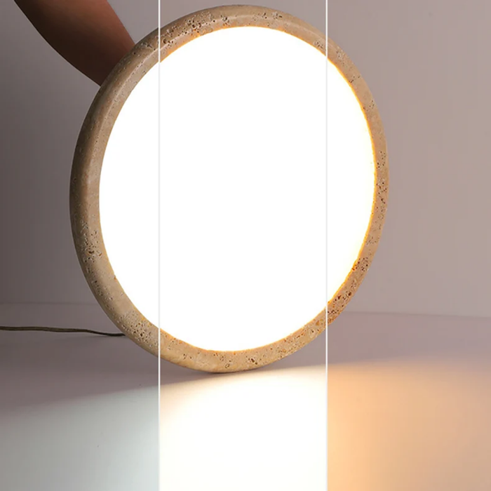Zenora Travertine LED Ceiling Light shown in warm, neutral, and cool light temperature options